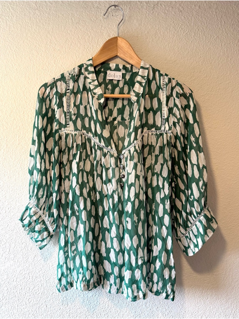 DOLAN Green and White Printed Button Front Peasant Top